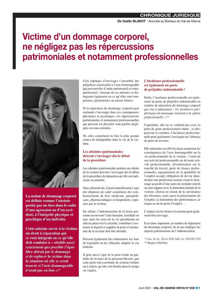 victime dommage prejudice patrimonial professionnel gaelle blanot